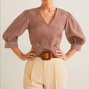 MANGO Gingham Puffed Sleeve Top Size 6